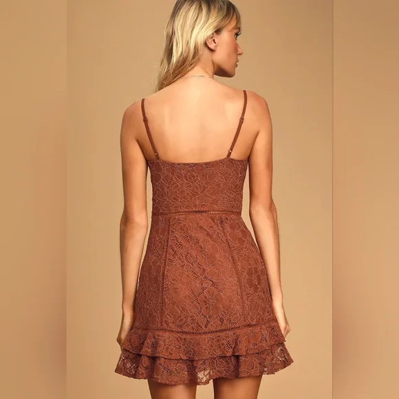 Sweet Like Candy Light Brown Lace Ruffle Mini Dress - Picture 3 of 6